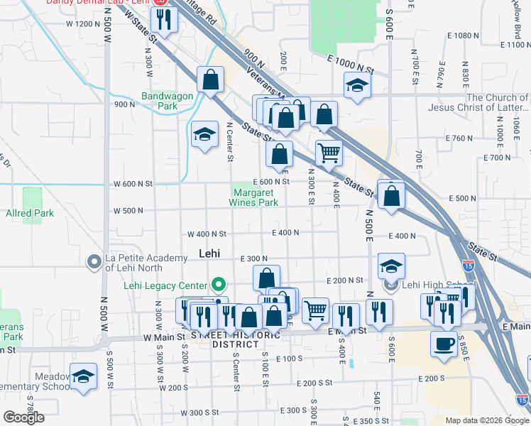 map of restaurants, bars, coffee shops, grocery stores, and more near 492 North 100 East in Lehi
