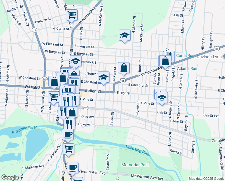 map of restaurants, bars, coffee shops, grocery stores, and more near 307 U.S. 36 in Mount Vernon