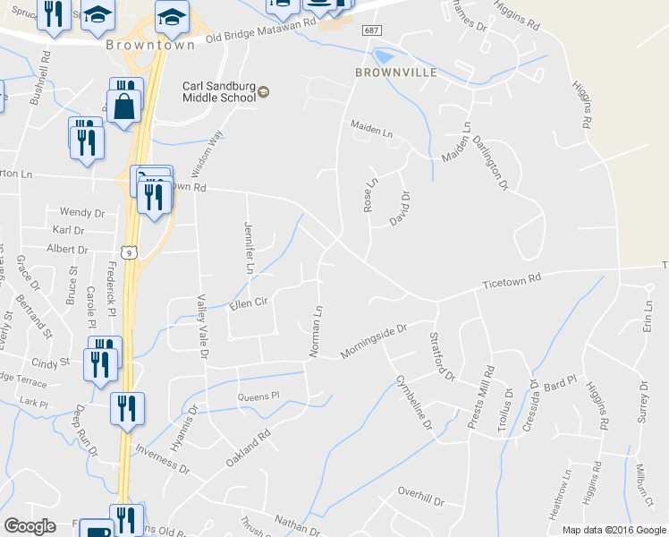 map of restaurants, bars, coffee shops, grocery stores, and more near 3 Irene Court in Old Bridge Township