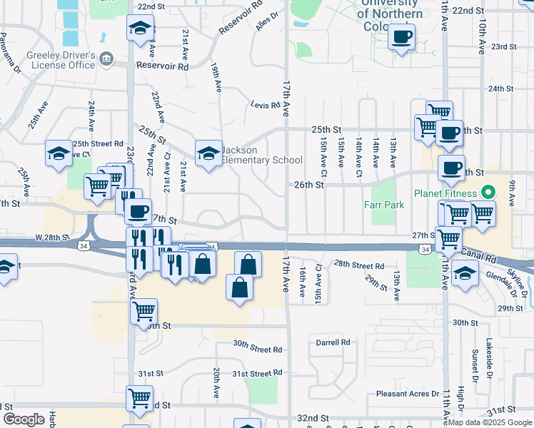 map of restaurants, bars, coffee shops, grocery stores, and more near 1803 26th Street in Greeley