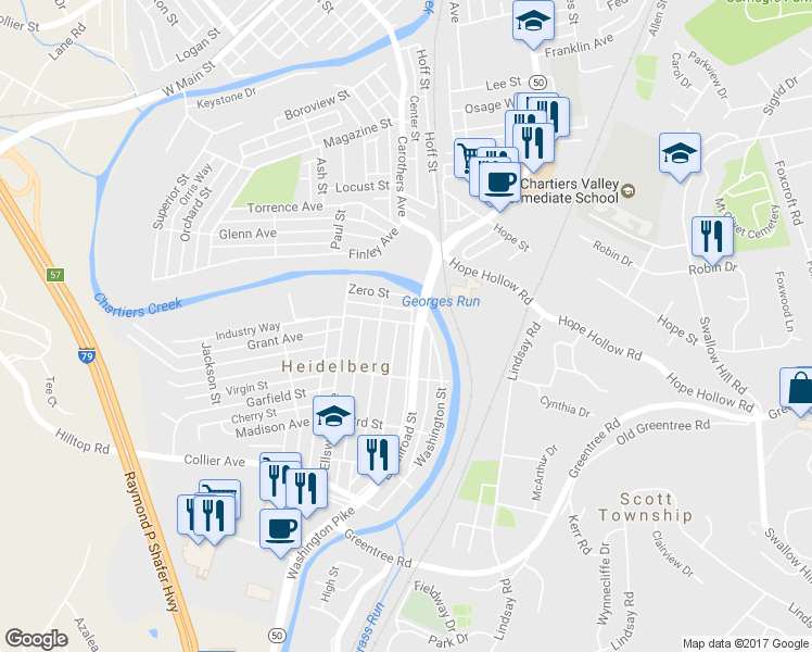 map of restaurants, bars, coffee shops, grocery stores, and more near 1600 West Railroad Street in Carnegie