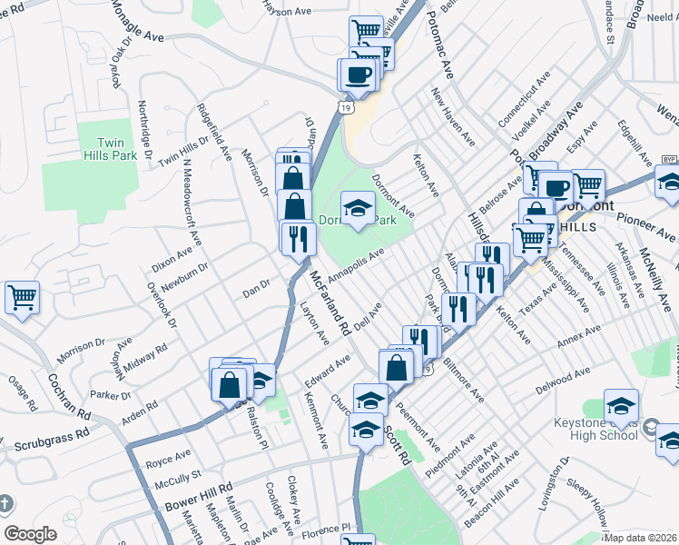 map of restaurants, bars, coffee shops, grocery stores, and more near 1601 Memorial Drive in Dormont