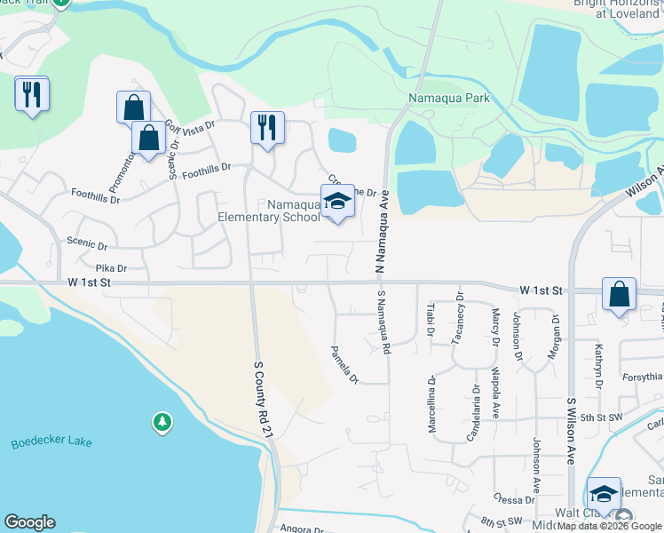 map of restaurants, bars, coffee shops, grocery stores, and more near 130 Pamela Drive in Loveland