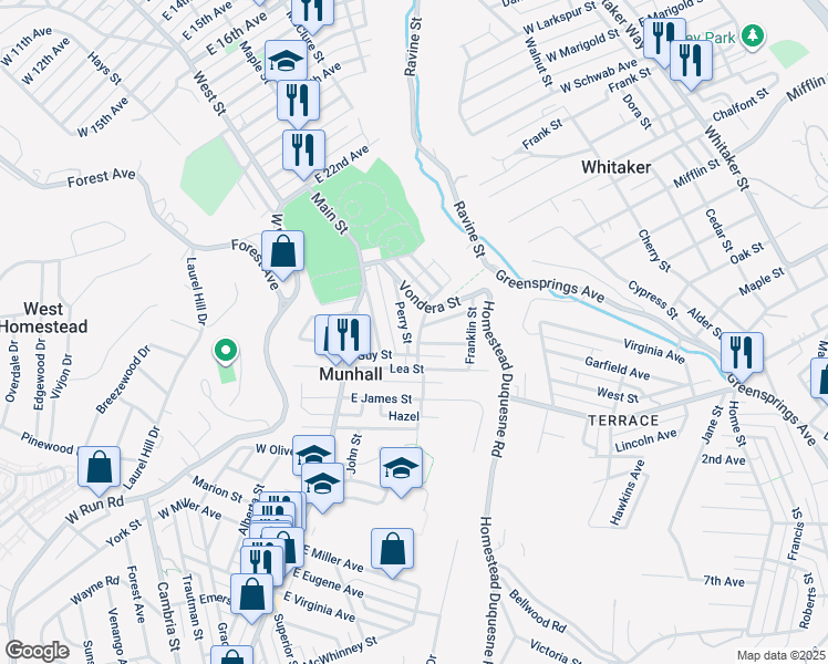 map of restaurants, bars, coffee shops, grocery stores, and more near 2418 Charles Street in Munhall