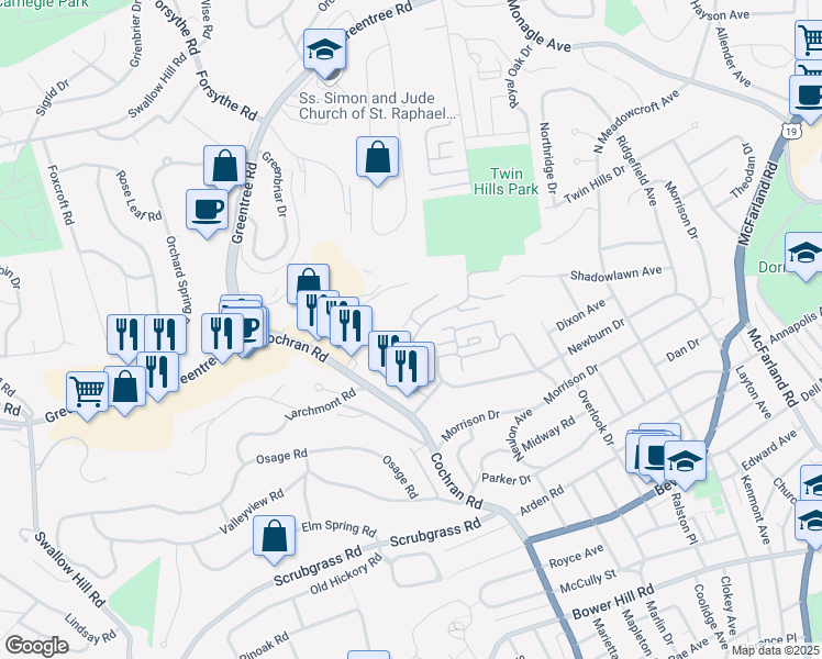 map of restaurants, bars, coffee shops, grocery stores, and more near 1220 Chatham Park Drive in Pittsburgh