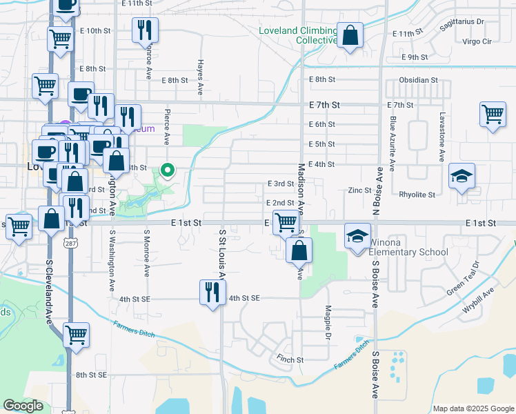 map of restaurants, bars, coffee shops, grocery stores, and more near 1174 East 2nd Street in Loveland