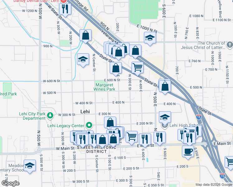map of restaurants, bars, coffee shops, grocery stores, and more near 495 North 200 East in Lehi