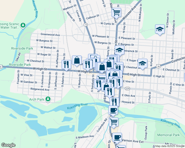 map of restaurants, bars, coffee shops, grocery stores, and more near 300 West High Street in Mount Vernon
