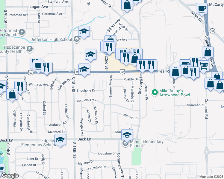 map of restaurants, bars, coffee shops, grocery stores, and more near 2303 Summerfield Drive in Lafayette