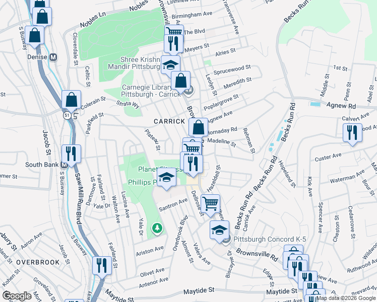 map of restaurants, bars, coffee shops, grocery stores, and more near 2037 Westmont Avenue in Pittsburgh