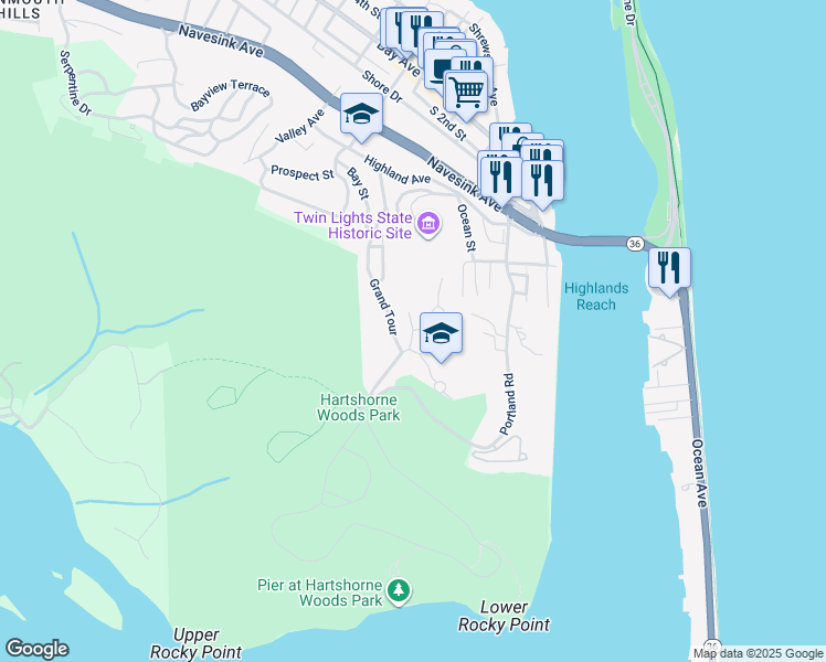map of restaurants, bars, coffee shops, grocery stores, and more near 2 Hilltop Terrace in Highlands