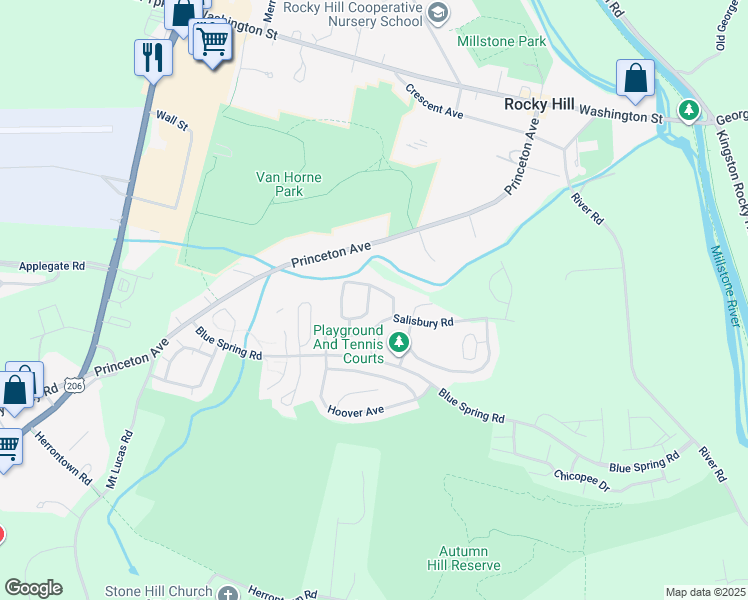 map of restaurants, bars, coffee shops, grocery stores, and more near 135 Castleton Road in Princeton