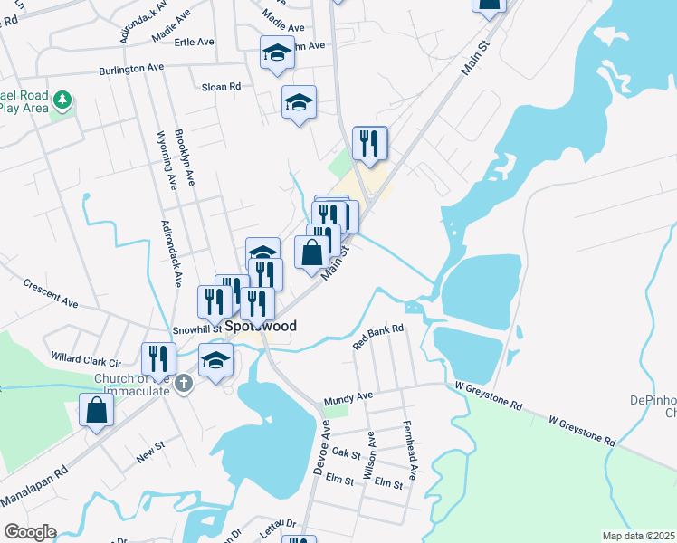 map of restaurants, bars, coffee shops, grocery stores, and more near 427 Main Street in Spotswood