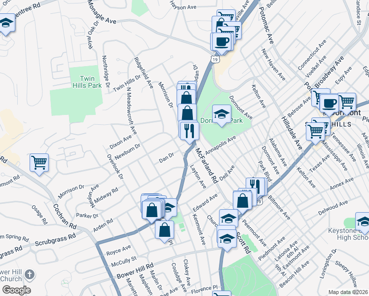 map of restaurants, bars, coffee shops, grocery stores, and more near 104 Newburn Drive in Pittsburgh