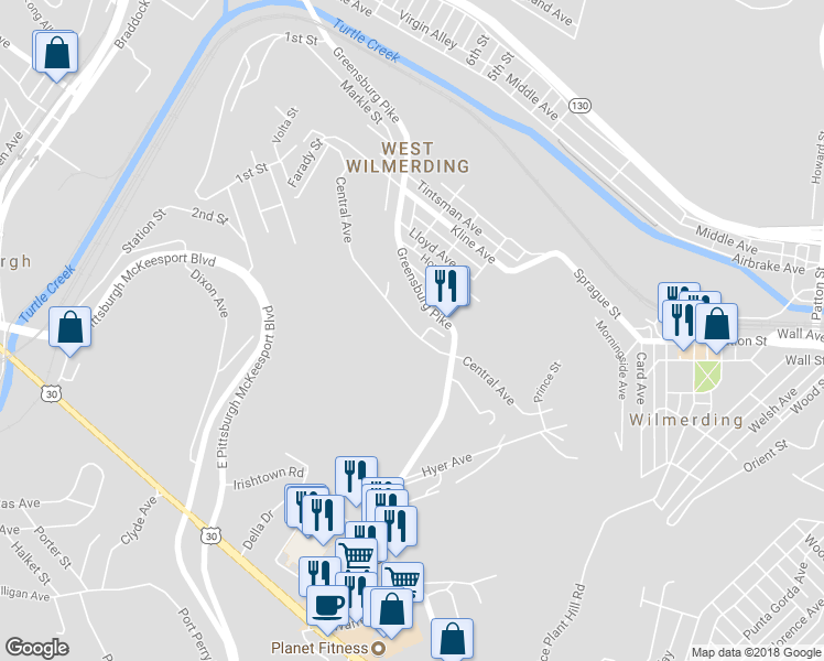 map of restaurants, bars, coffee shops, grocery stores, and more near 154 Central Avenue in North Versailles