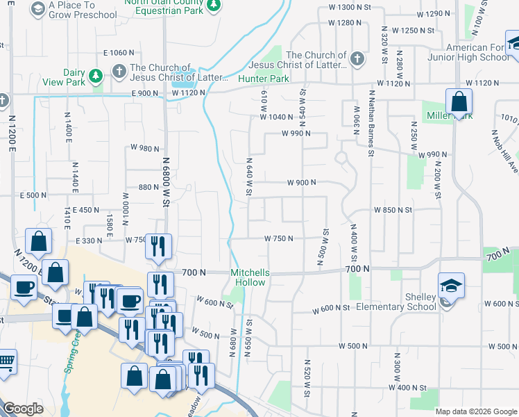 map of restaurants, bars, coffee shops, grocery stores, and more near 831 North 600 West Street in American Fork