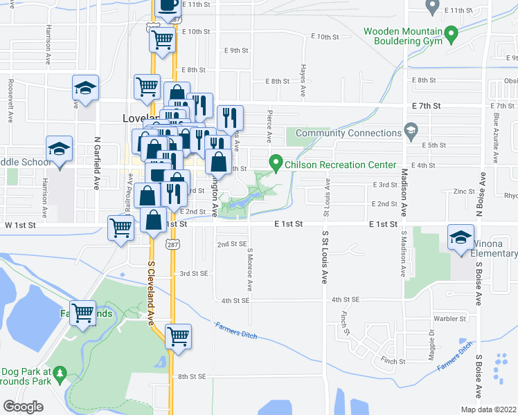map of restaurants, bars, coffee shops, grocery stores, and more near 224 Monroe Avenue in Loveland