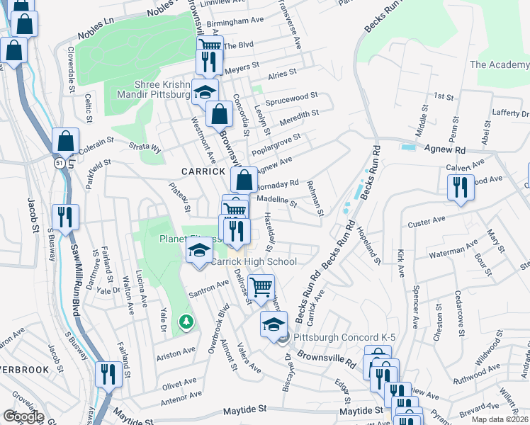 map of restaurants, bars, coffee shops, grocery stores, and more near 2053 Brownsville Road in Pittsburgh