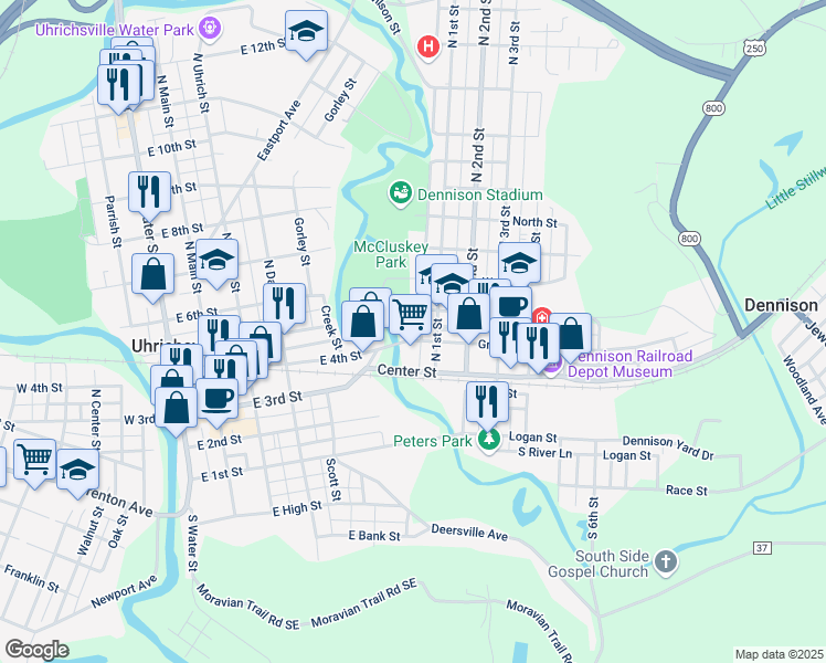 map of restaurants, bars, coffee shops, grocery stores, and more near 15 Grant Street in Dennison