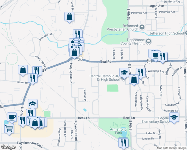 map of restaurants, bars, coffee shops, grocery stores, and more near 2313 Ellen Drive in Lafayette