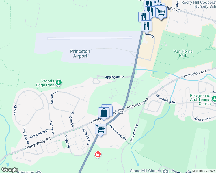 map of restaurants, bars, coffee shops, grocery stores, and more near 915 Commons Way in Princeton