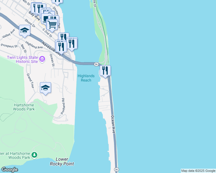 map of restaurants, bars, coffee shops, grocery stores, and more near 164 Ocean Avenue in Sea Bright