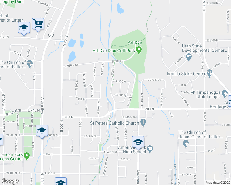 map of restaurants, bars, coffee shops, grocery stores, and more near 513 East 800 North in American Fork