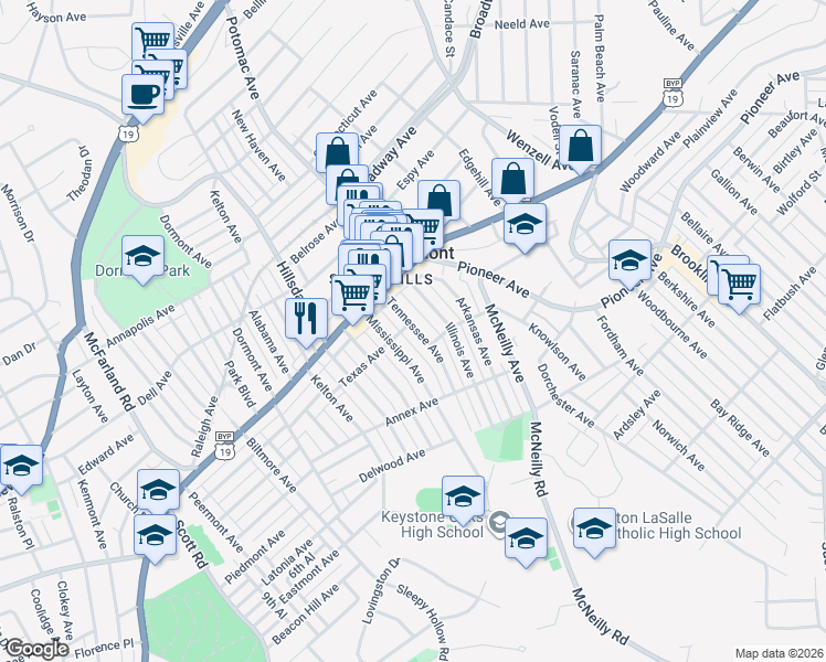 map of restaurants, bars, coffee shops, grocery stores, and more near 1300 Mississippi Avenue in Pittsburgh