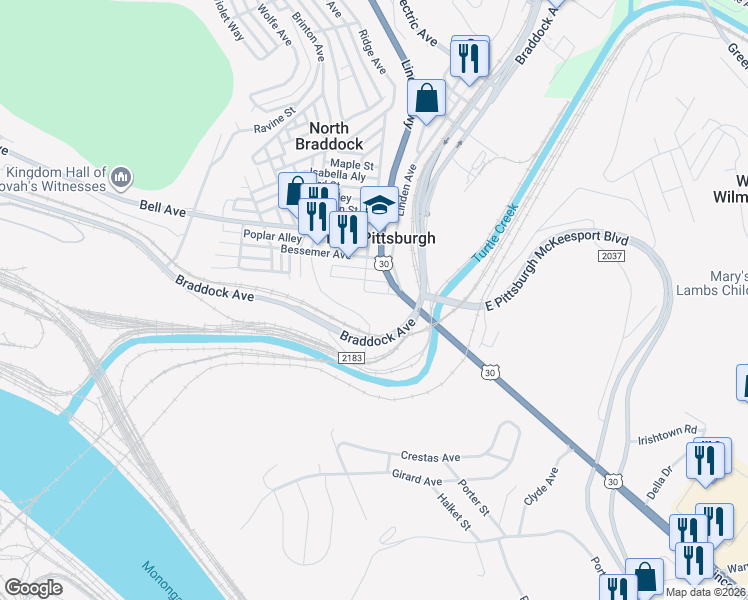 map of restaurants, bars, coffee shops, grocery stores, and more near 608 Bluff St in East Pittsburgh