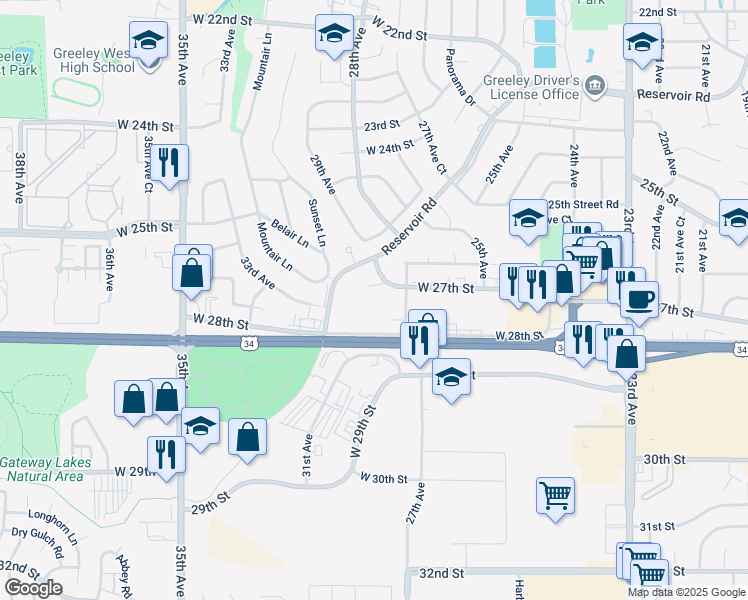 map of restaurants, bars, coffee shops, grocery stores, and more near 2830 27th Street Lane in Greeley