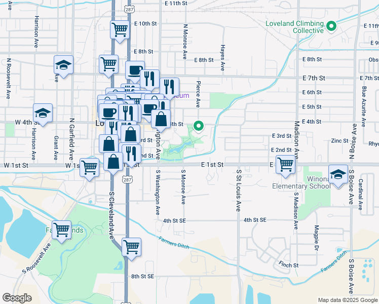 map of restaurants, bars, coffee shops, grocery stores, and more near 224 Monroe Avenue in Loveland
