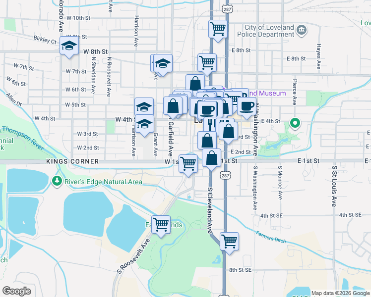 map of restaurants, bars, coffee shops, grocery stores, and more near in Loveland