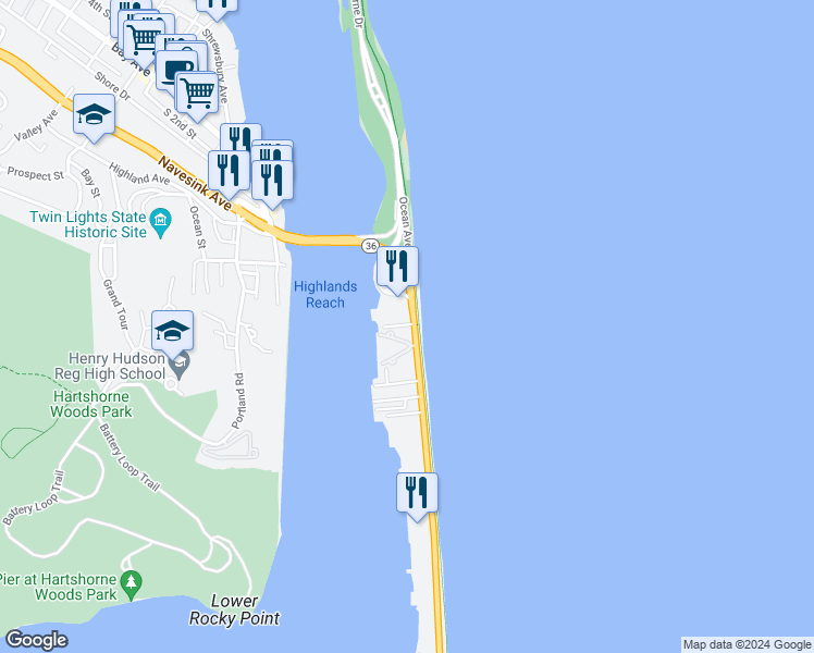 map of restaurants, bars, coffee shops, grocery stores, and more near 164 Ocean Avenue in Sea Bright