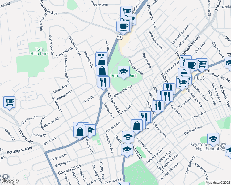 map of restaurants, bars, coffee shops, grocery stores, and more near 1601 Memorial Drive in Dormont