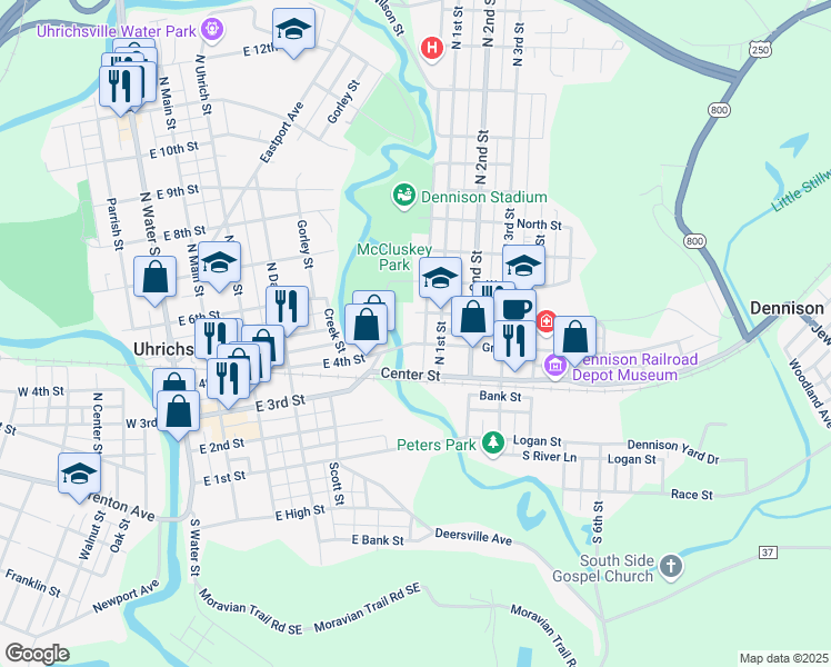 map of restaurants, bars, coffee shops, grocery stores, and more near 15 Grant Street in Dennison