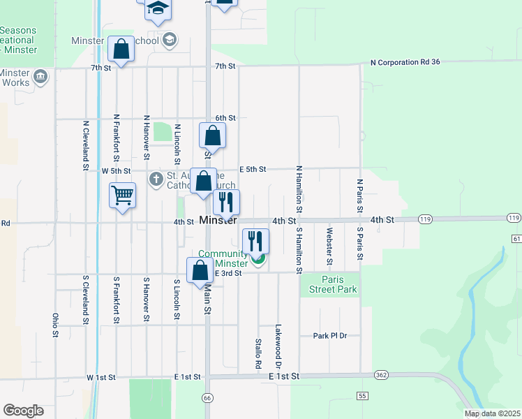 map of restaurants, bars, coffee shops, grocery stores, and more near 15 South Jefferson Street in Minster