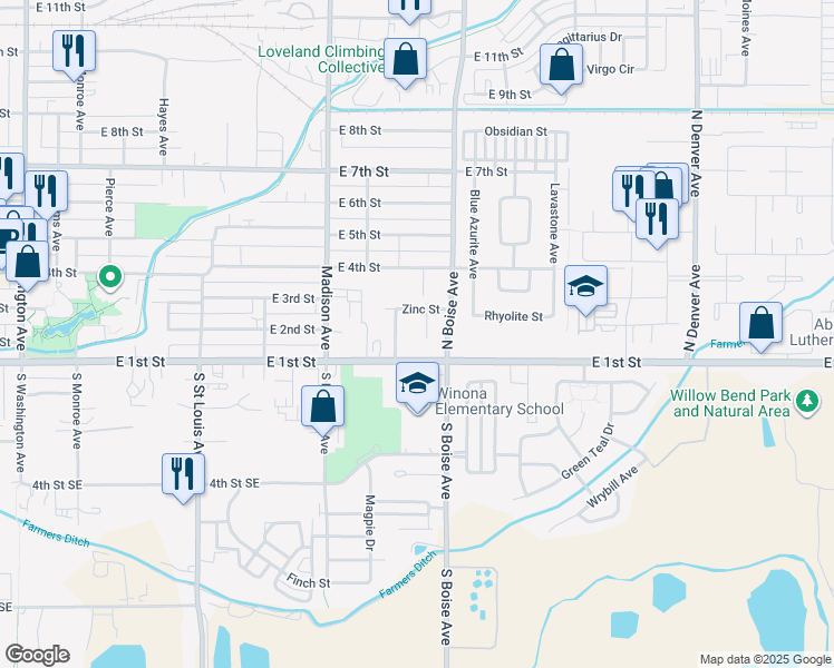 map of restaurants, bars, coffee shops, grocery stores, and more near 143 Brass Court in Loveland