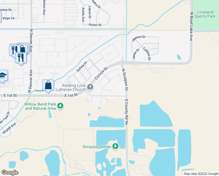 map of restaurants, bars, coffee shops, grocery stores, and more near 142 Vela Court in Loveland