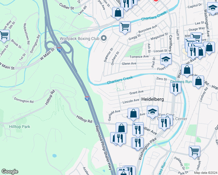 map of restaurants, bars, coffee shops, grocery stores, and more near 600 Industry Way in Carnegie
