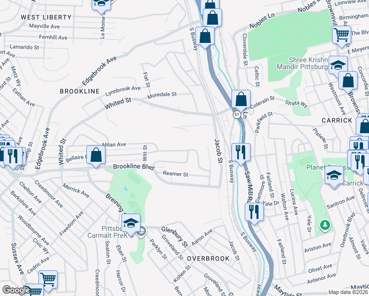 map of restaurants, bars, coffee shops, grocery stores, and more near 1595 Bellaire Place in Pittsburgh