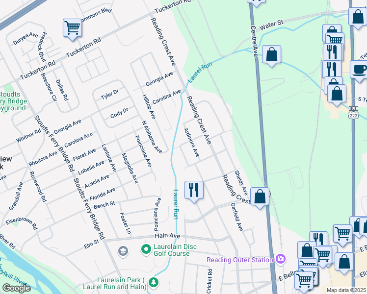 map of restaurants, bars, coffee shops, grocery stores, and more near 314 Alabama Avenue in Reading