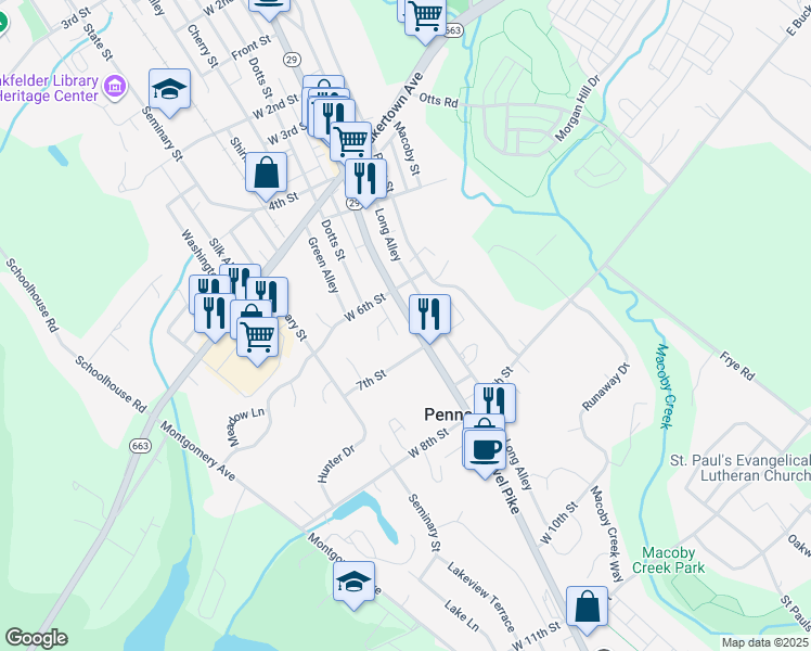 map of restaurants, bars, coffee shops, grocery stores, and more near 637 Main Street in Pennsburg