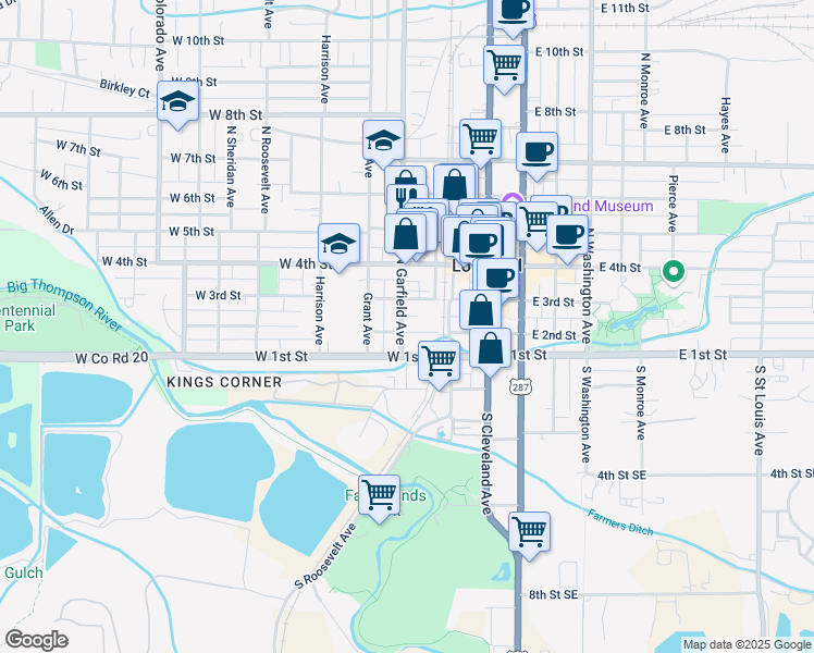 map of restaurants, bars, coffee shops, grocery stores, and more near 153 West 2nd Street in Loveland