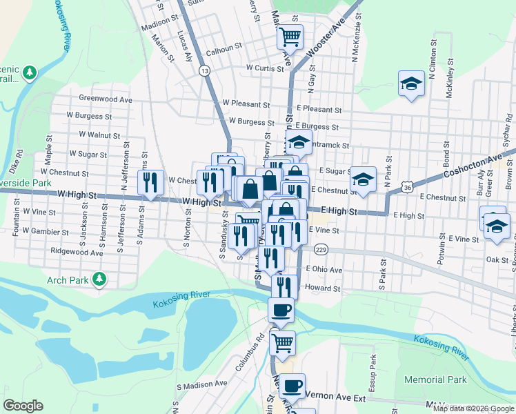 map of restaurants, bars, coffee shops, grocery stores, and more near 100 West High Street in Mount Vernon