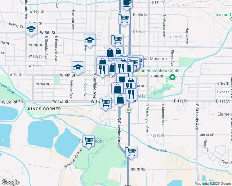 map of restaurants, bars, coffee shops, grocery stores, and more near 143 East 2nd Street in Loveland