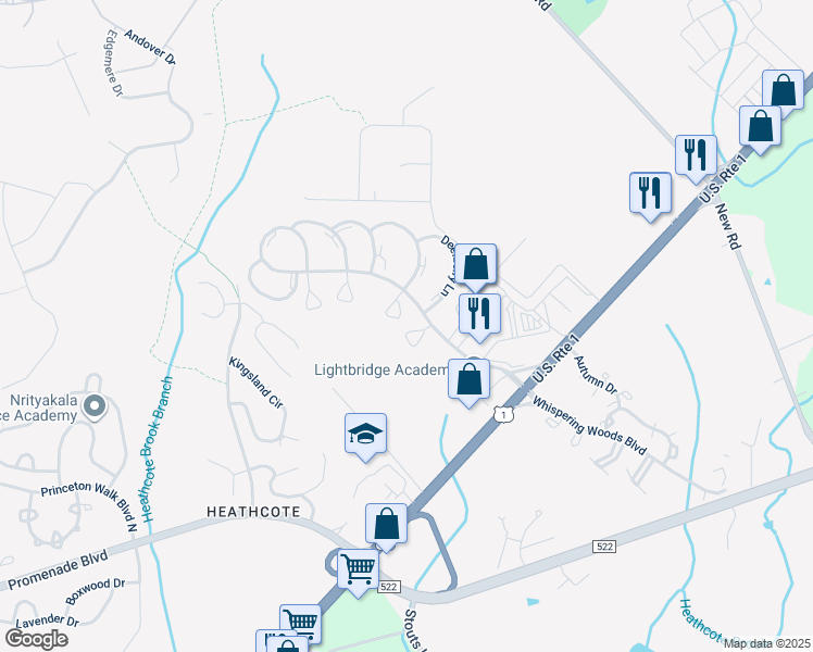 map of restaurants, bars, coffee shops, grocery stores, and more near 8 Aspen Court in South Brunswick Township