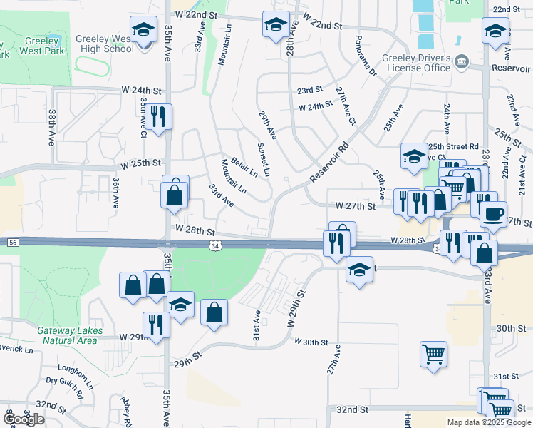 map of restaurants, bars, coffee shops, grocery stores, and more near 2715 Sunset Lane in Greeley