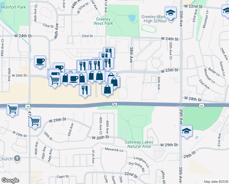 map of restaurants, bars, coffee shops, grocery stores, and more near 4118 Centerplace Drive in Greeley