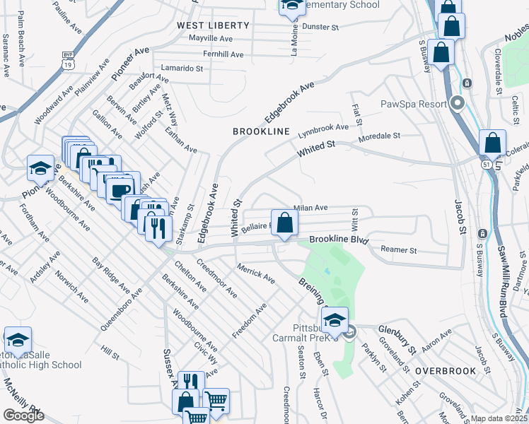 map of restaurants, bars, coffee shops, grocery stores, and more near 1232 Milan Avenue in Pittsburgh