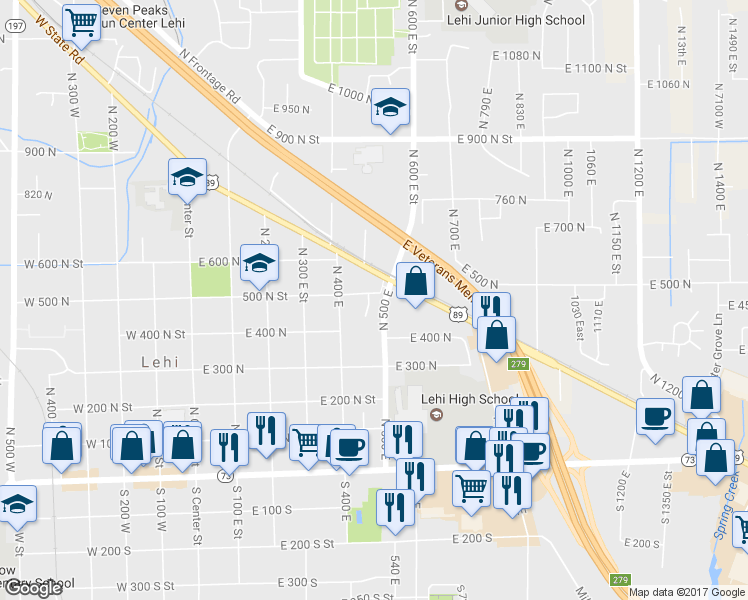 map of restaurants, bars, coffee shops, grocery stores, and more near 504 East 500 North in Lehi
